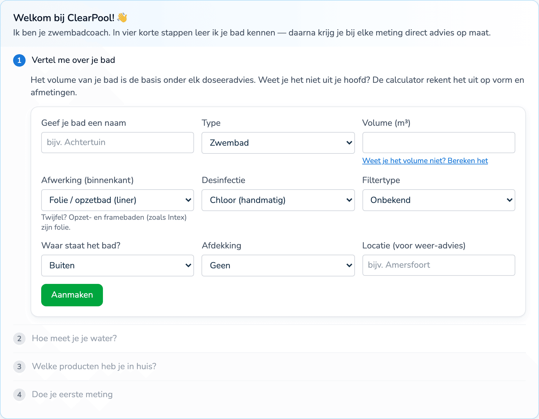 Het poolprofiel: volume, type, afwerking, plaatsing en afdekking.