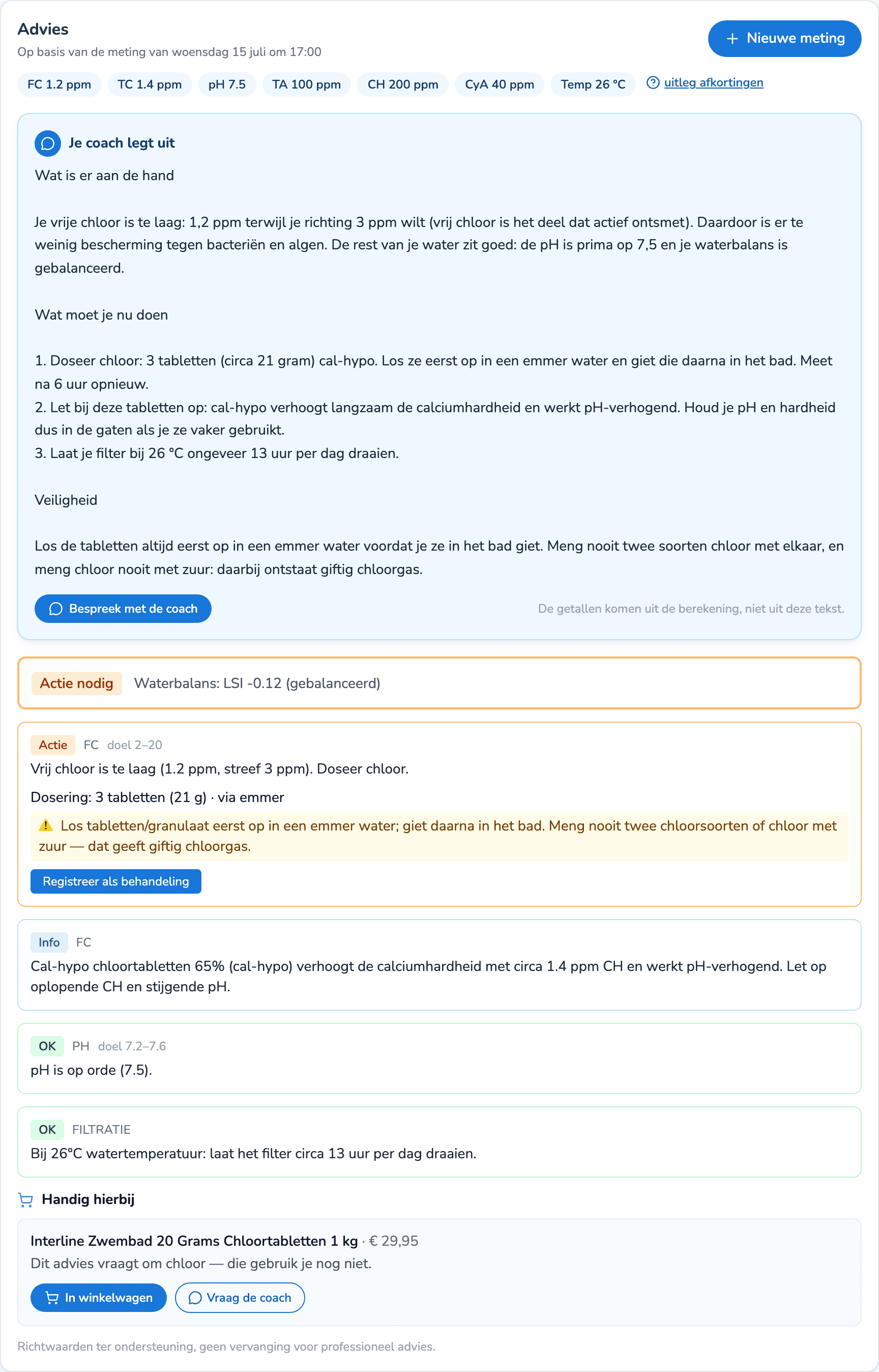 Meting in, advies uit — met uitleg van je coach en exacte dosering.